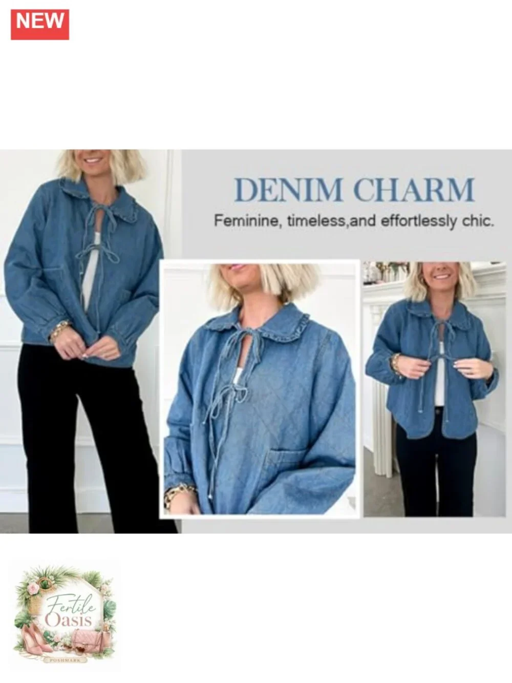 Women's Cotton Blend Denim Jacket Tie Front Peter Pan Collar Loose Fit Long
